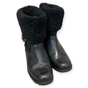 UGG Black 1914 Bellevue Shearling Cuff Leather Chunky Boots Womens Size US6 EU37